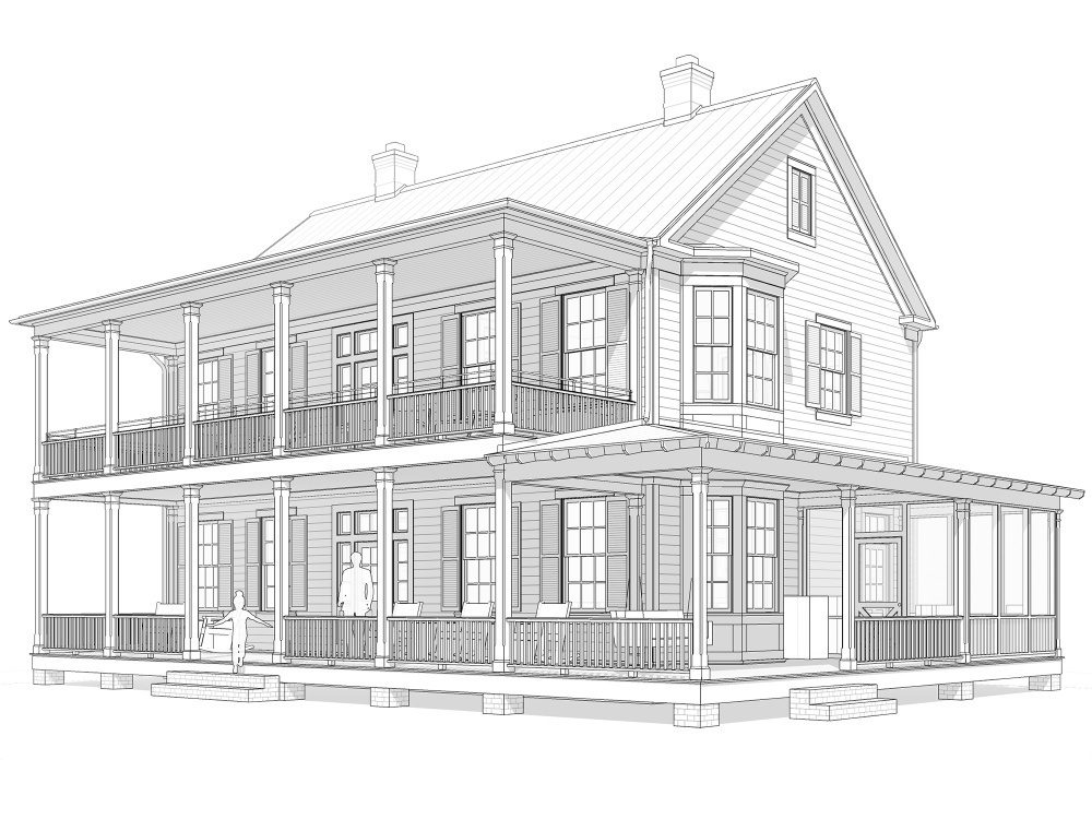 Architectural drawing of The Aiden, a two-story Southern farmhouse with double-decker wrap verandas